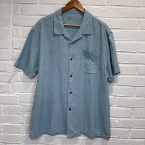Tommy Bahama 100% Silk Short Sleeve Button Down Shirt Blue Teal Men's XL